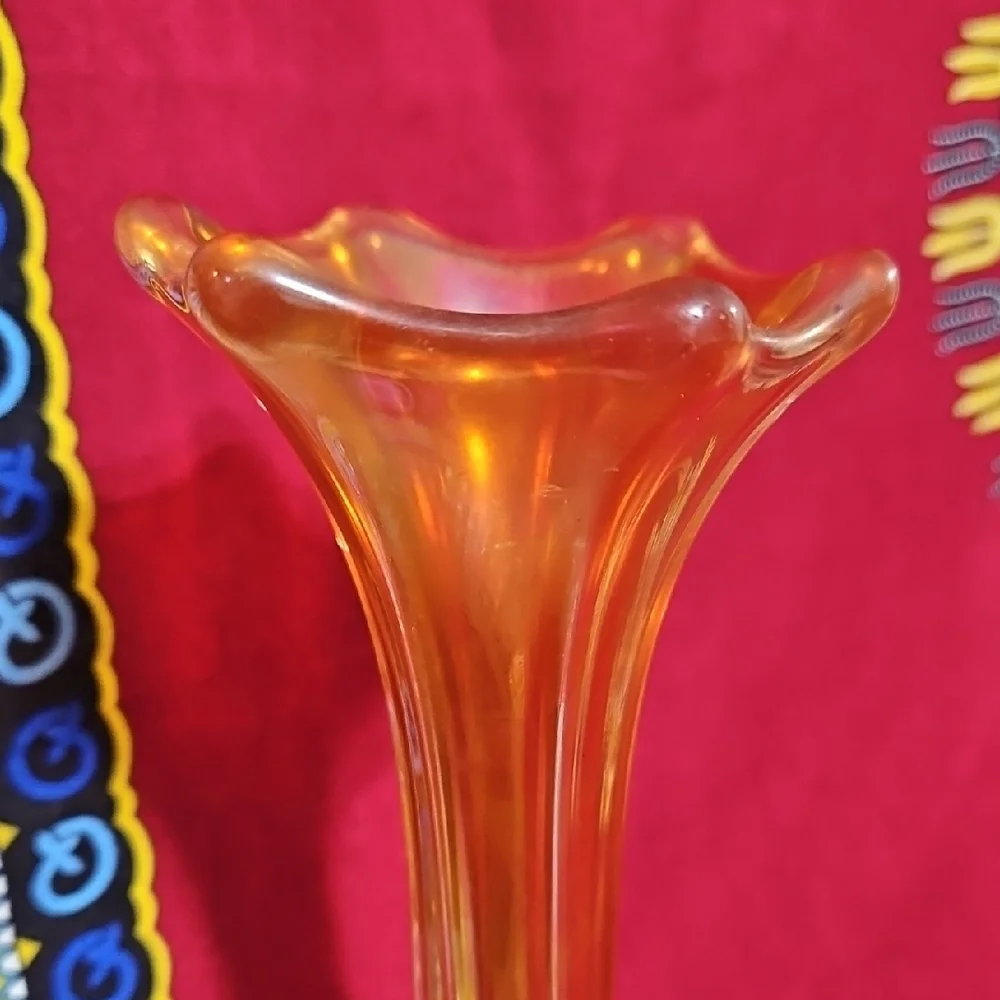 Vintage Marigold Carnival Glass Swung Bud Vase Iridescent Morning Glory